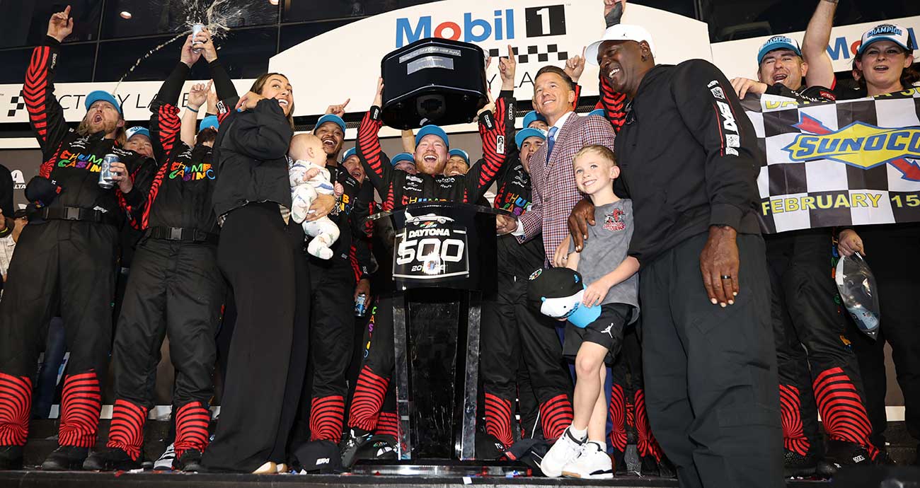 The No. 45 team celebrates Tyler Reddick's Daytona 500 win in Victory Lane