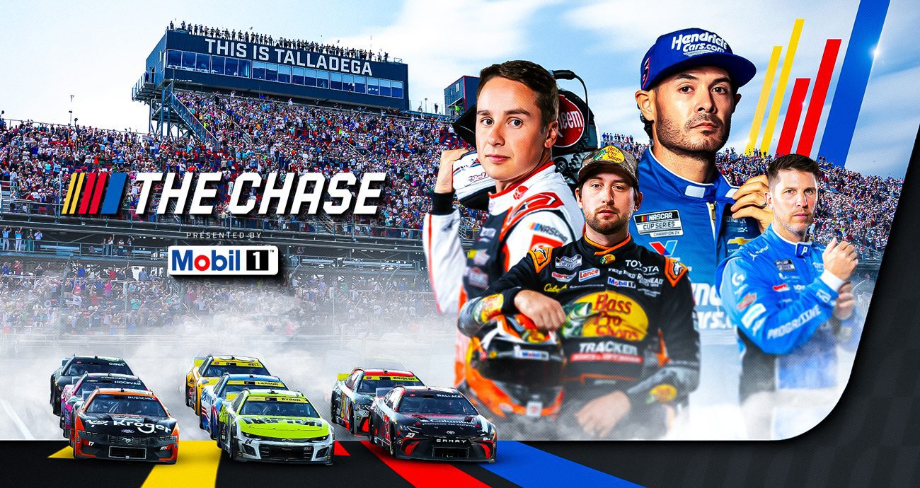 Talladega Chase tune-in graphic featuring Christopher Bell, Kyle Larson, Chase Briscoe and Denny Hamlin.