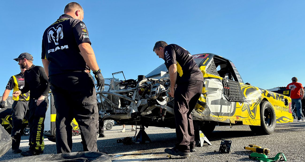 Tony Stewart's truck after a crash in the Craftsman Truck Series race at Talladega.
