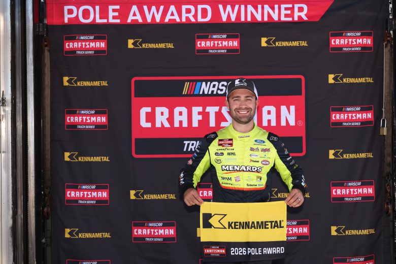 Ty Majeski poses with pole award at Talladega.