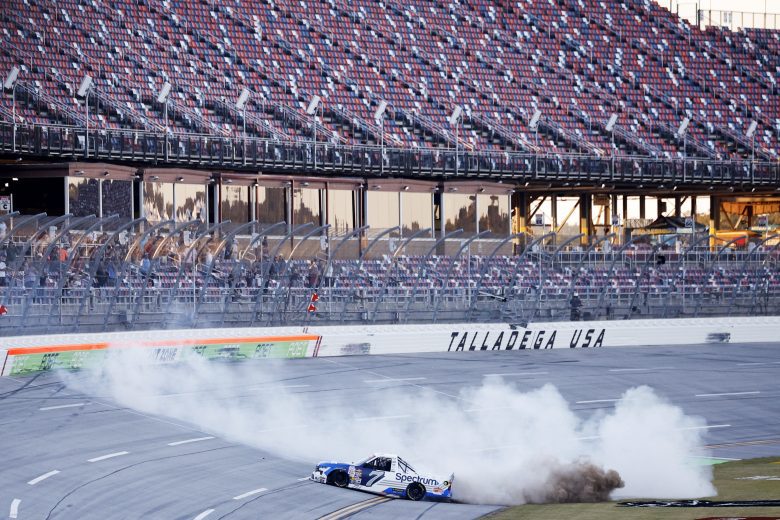 Sammy Smith performs a burnout after winning at Talladega.
