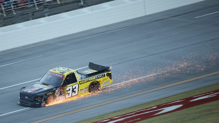 Frankie Muniz finishes the NASCAR Truck Series race sparking with damage at Talladega.