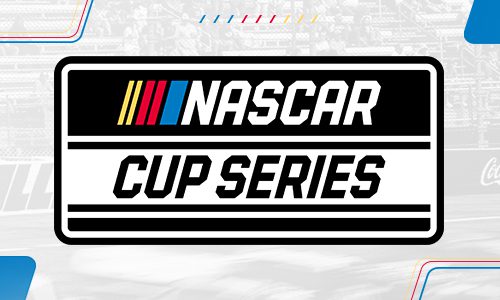 NASCAR Cup Series logo featuring bold text and red, yellow, and blue NASCAR stripes on a textured background.