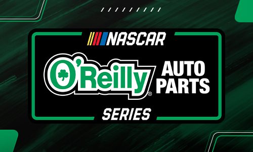 NASCAR O'Reilly Series logo featuring bold text and red, yellow, and blue NASCAR stripes on a textured background.