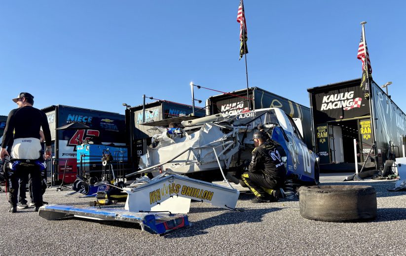 Damage to the truck of Corey LaJoie at Talladega.