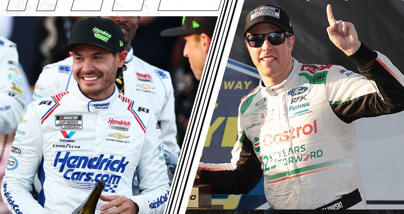 A split image depicting Kyle Larson (L) and Brad Keselowski (R).