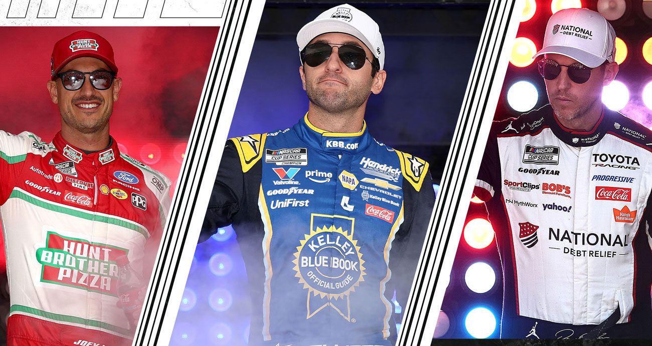 A split image depicting Joey Logano (L), Chase Elliott (C) and Denny Hamlin (R).