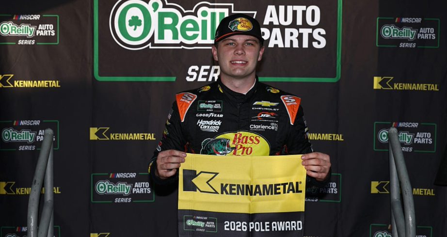 Carson Kvapil celebrates after winning the pole at Martinsville.
